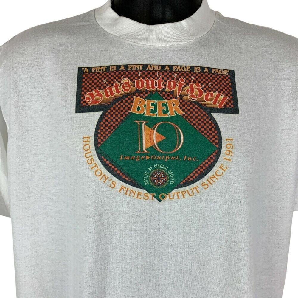 Vintage 90s WYGIWYG Bats Out of Hell Beer T Shirt Houston USA Made White L Large